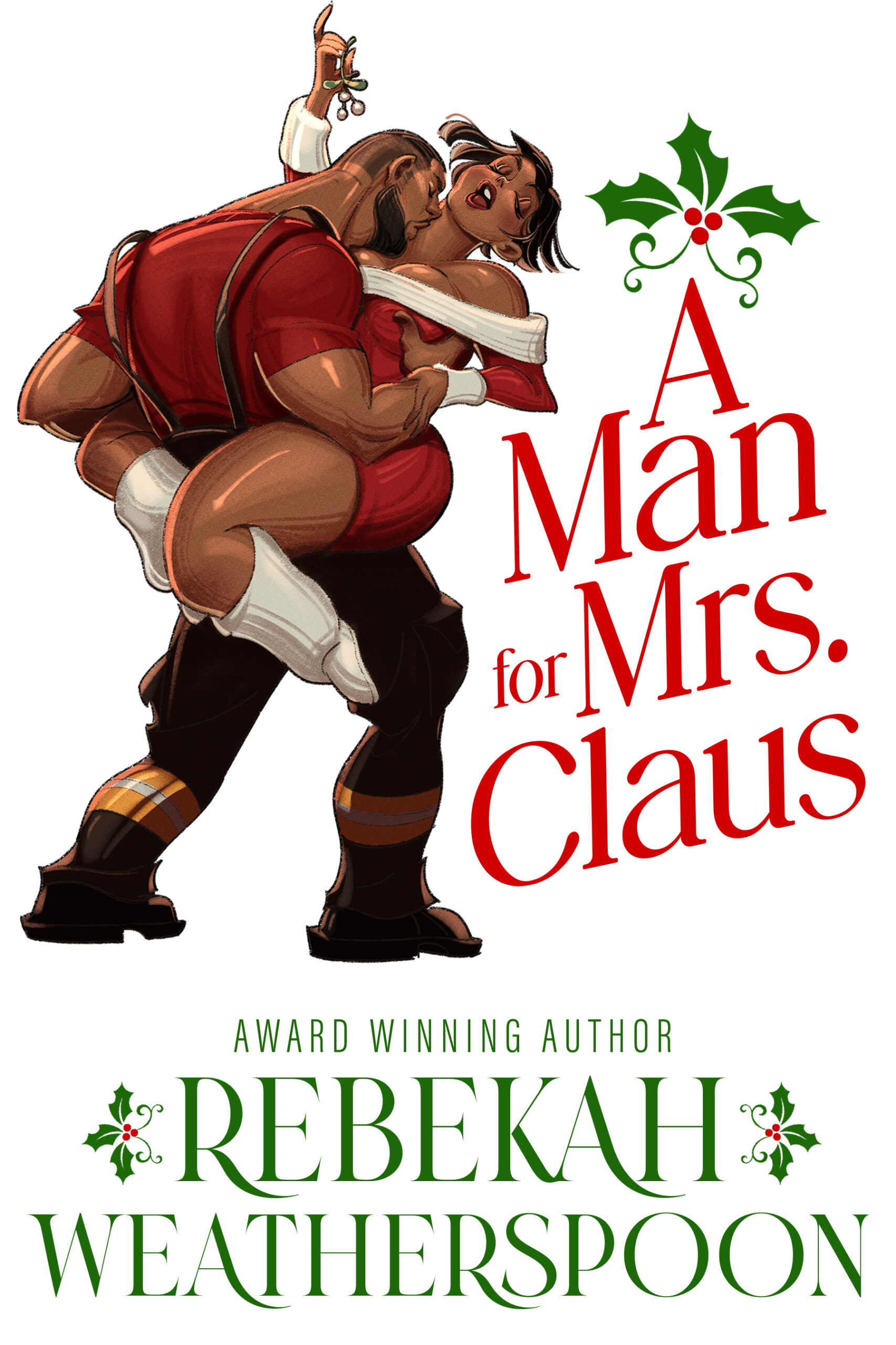 A black man holding Mrs. Claus up for a smooch under the mistletoe